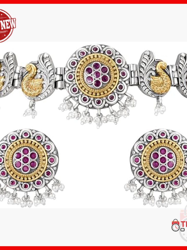 Oxidized Silver Gold Plated Faux Ruby Lariya Studded Ethnic Necklace Earrings